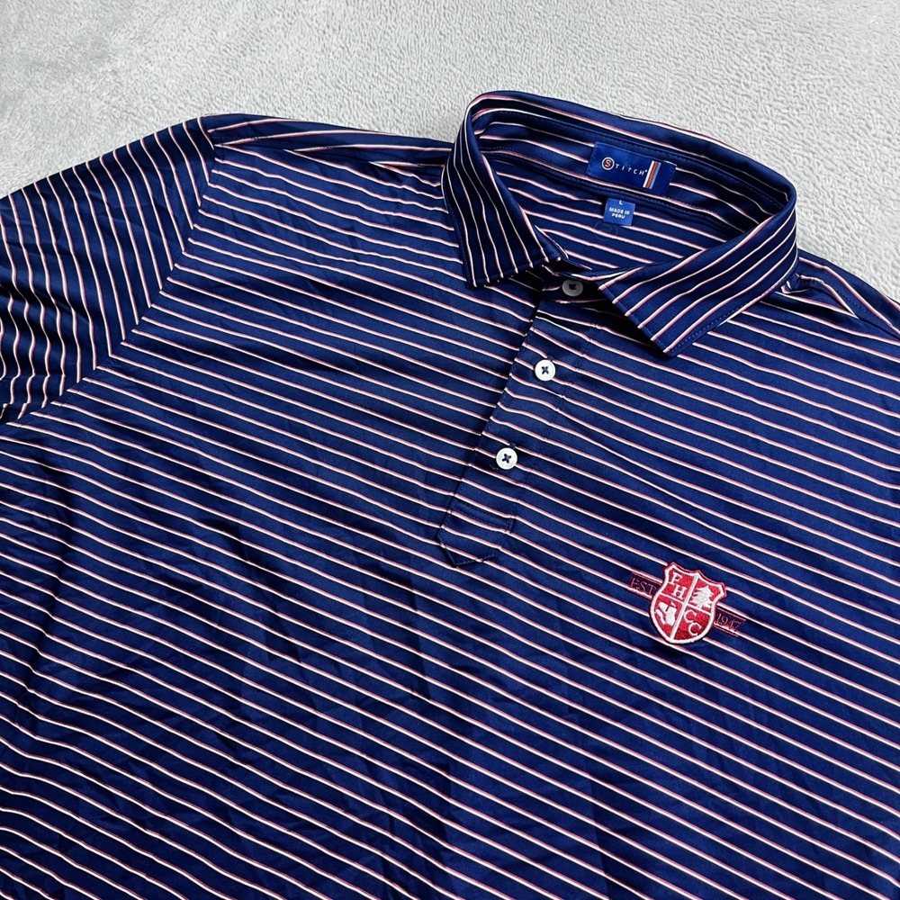 Stitch Golf Polo Mens Large Navy Blue Striped FHCC Crest Short Sleeve Shirt